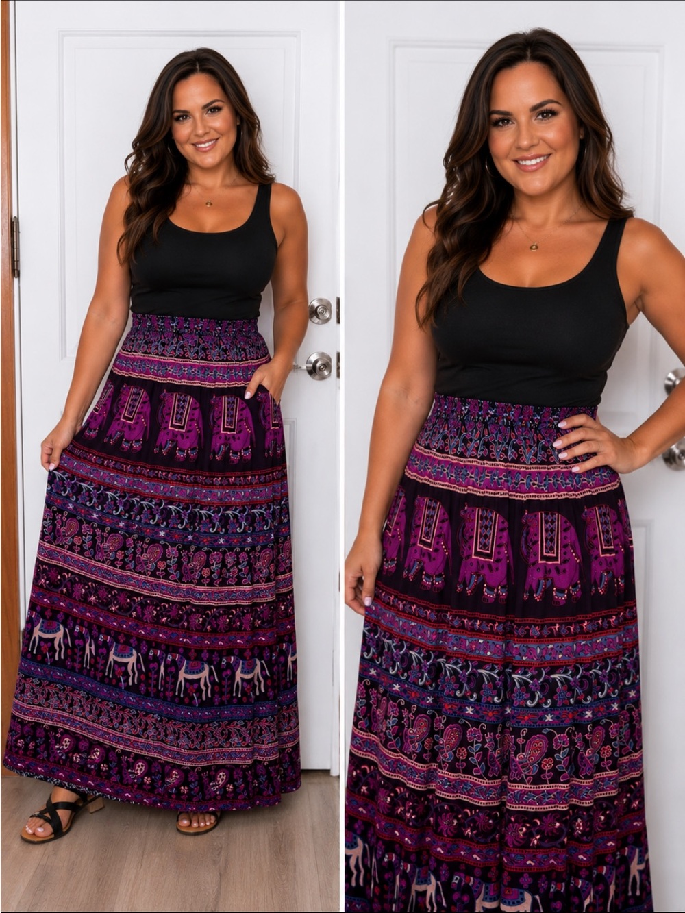 Elephant Print Purple Boho Maxi Skirt Waist 13”-20”